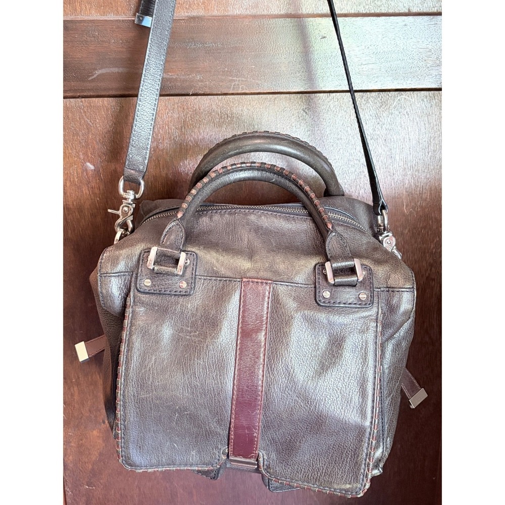 Botkier‎ Dark Gray Pebbled Leather Satchel Crossbody Purse Brown Trim